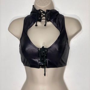Patrice Canzaro sexy leather look tie front stretch top- fits most sizes- size M